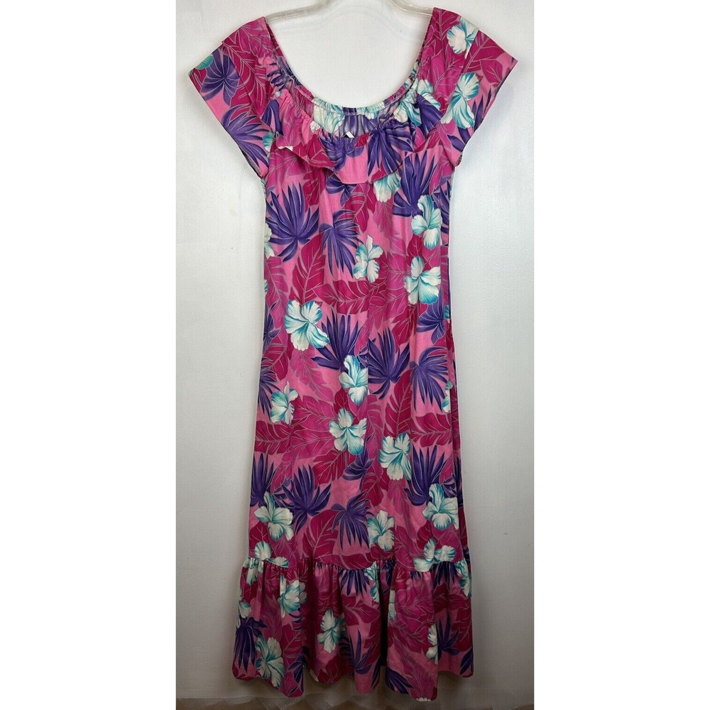 Hilo Hattie Maxi Dress M Pink Floral Hawaiian Vtg Long Hawaii Ruffle USA